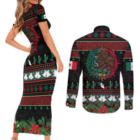 Mexican Christmas Couples Matching Short Sleeve Bodycon Dress and Long Sleeve Button Shirt Feliz Navidad Aztec Eagle Emblem and Poinsettia - Wonder Print Shop