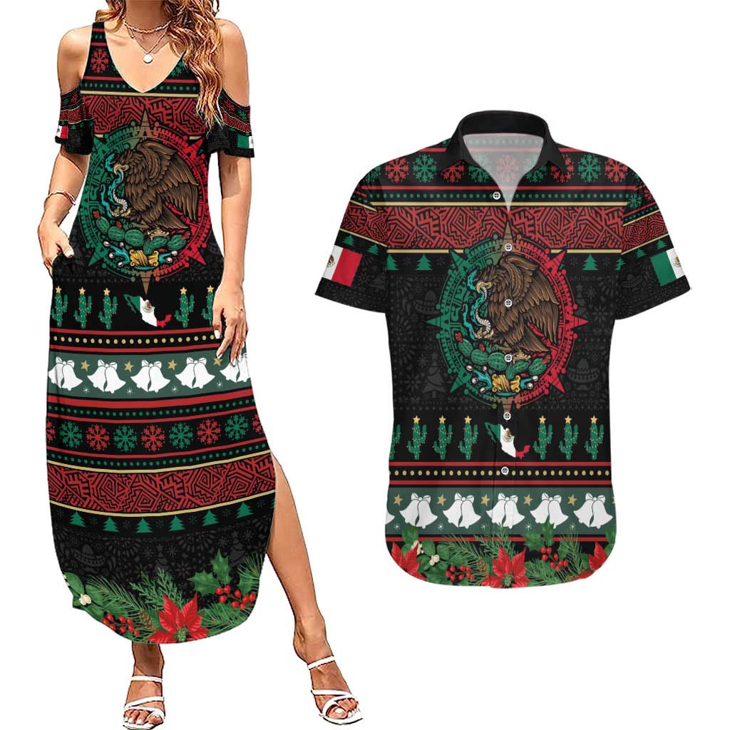 Mexican Christmas Couples Matching Summer Maxi Dress and Hawaiian Shirt Feliz Navidad Aztec Eagle Emblem and Poinsettia - Wonder Print Shop