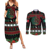 Mexican Christmas Couples Matching Summer Maxi Dress and Long Sleeve Button Shirt Feliz Navidad Aztec Eagle Emblem and Poinsettia - Wonder Print Shop