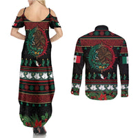 Mexican Christmas Couples Matching Summer Maxi Dress and Long Sleeve Button Shirt Feliz Navidad Aztec Eagle Emblem and Poinsettia - Wonder Print Shop