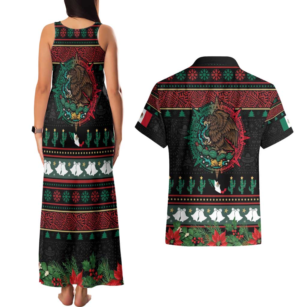 Mexican Christmas Couples Matching Tank Maxi Dress and Hawaiian Shirt Feliz Navidad Aztec Eagle Emblem and Poinsettia - Wonder Print Shop