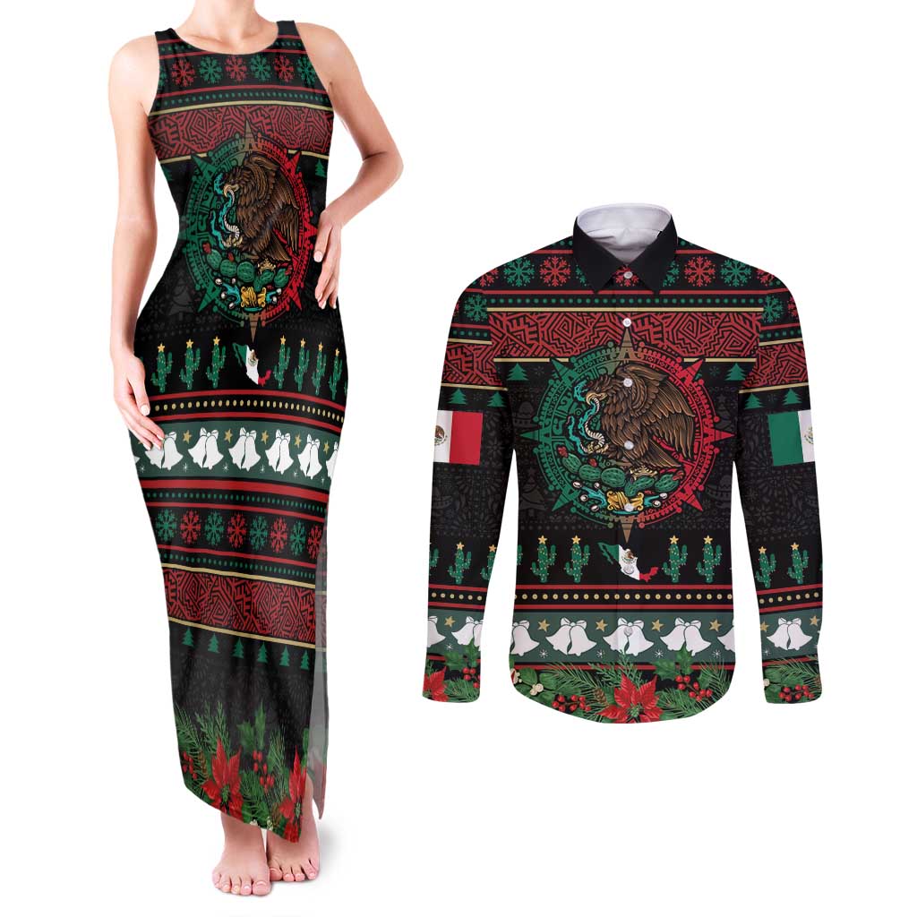 Mexican Christmas Couples Matching Tank Maxi Dress and Long Sleeve Button Shirt Feliz Navidad Aztec Eagle Emblem and Poinsettia - Wonder Print Shop