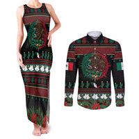 Mexican Christmas Couples Matching Tank Maxi Dress and Long Sleeve Button Shirt Feliz Navidad Aztec Eagle Emblem and Poinsettia - Wonder Print Shop