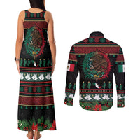 Mexican Christmas Couples Matching Tank Maxi Dress and Long Sleeve Button Shirt Feliz Navidad Aztec Eagle Emblem and Poinsettia - Wonder Print Shop