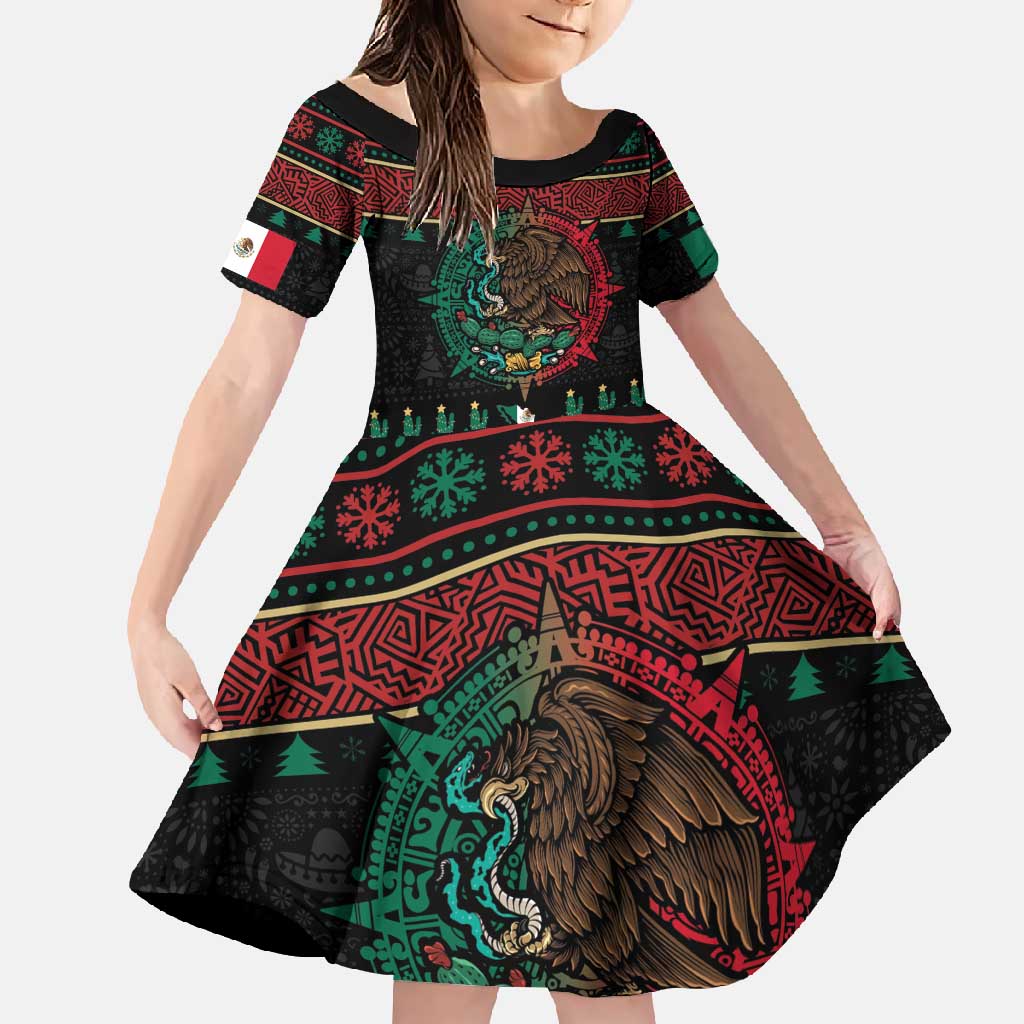 Mexican Christmas Family Matching Long Sleeve Bodycon Dress and Hawaiian Shirt Feliz Navidad Aztec Eagle Emblem and Poinsettia - Wonder Print Shop
