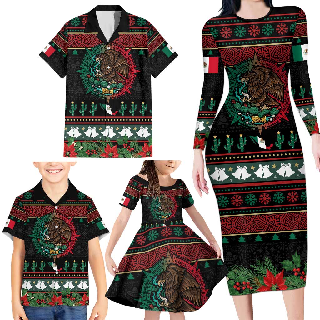 Mexican Christmas Family Matching Long Sleeve Bodycon Dress and Hawaiian Shirt Feliz Navidad Aztec Eagle Emblem and Poinsettia - Wonder Print Shop