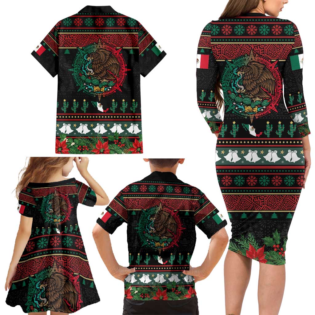 Mexican Christmas Family Matching Long Sleeve Bodycon Dress and Hawaiian Shirt Feliz Navidad Aztec Eagle Emblem and Poinsettia - Wonder Print Shop