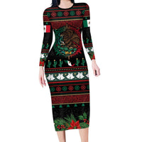Mexican Christmas Family Matching Long Sleeve Bodycon Dress and Hawaiian Shirt Feliz Navidad Aztec Eagle Emblem and Poinsettia - Wonder Print Shop