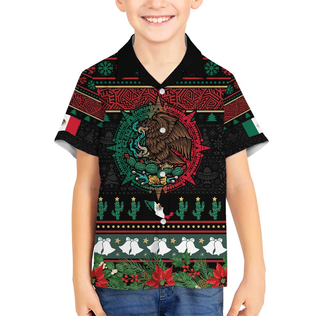 Mexican Christmas Family Matching Long Sleeve Bodycon Dress and Hawaiian Shirt Feliz Navidad Aztec Eagle Emblem and Poinsettia - Wonder Print Shop