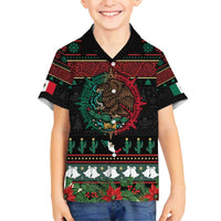 Mexican Christmas Family Matching Long Sleeve Bodycon Dress and Hawaiian Shirt Feliz Navidad Aztec Eagle Emblem and Poinsettia - Wonder Print Shop
