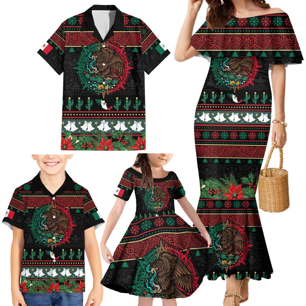 Mexican Christmas Family Matching Mermaid Dress and Hawaiian Shirt Feliz Navidad Aztec Eagle Emblem and Poinsettia - Wonder Print Shop