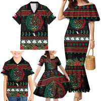 Mexican Christmas Family Matching Mermaid Dress and Hawaiian Shirt Feliz Navidad Aztec Eagle Emblem and Poinsettia - Wonder Print Shop