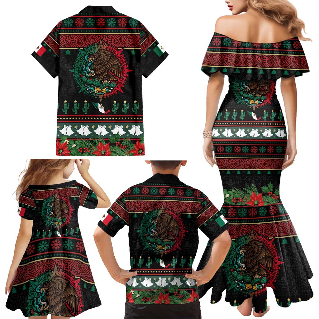 Mexican Christmas Family Matching Mermaid Dress and Hawaiian Shirt Feliz Navidad Aztec Eagle Emblem and Poinsettia - Wonder Print Shop