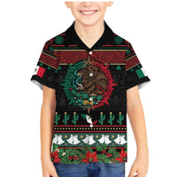 Mexican Christmas Family Matching Mermaid Dress and Hawaiian Shirt Feliz Navidad Aztec Eagle Emblem and Poinsettia - Wonder Print Shop