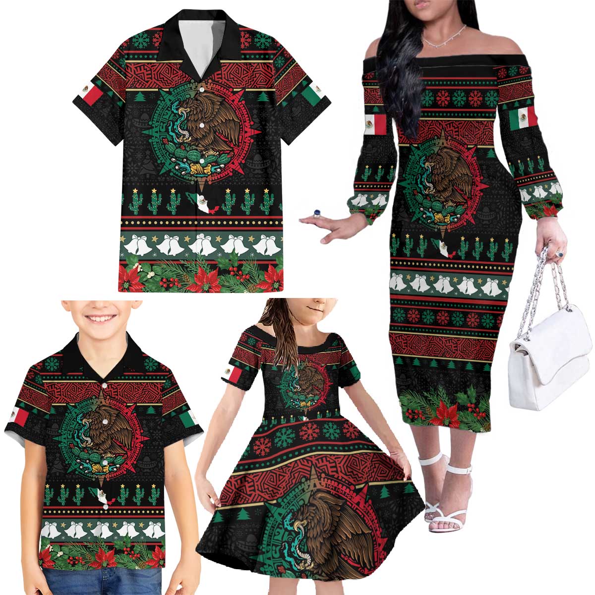 Mexican Christmas Family Matching Off The Shoulder Long Sleeve Dress and Hawaiian Shirt Feliz Navidad Aztec Eagle Emblem and Poinsettia - Wonder Print Shop