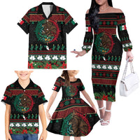 Mexican Christmas Family Matching Off The Shoulder Long Sleeve Dress and Hawaiian Shirt Feliz Navidad Aztec Eagle Emblem and Poinsettia - Wonder Print Shop