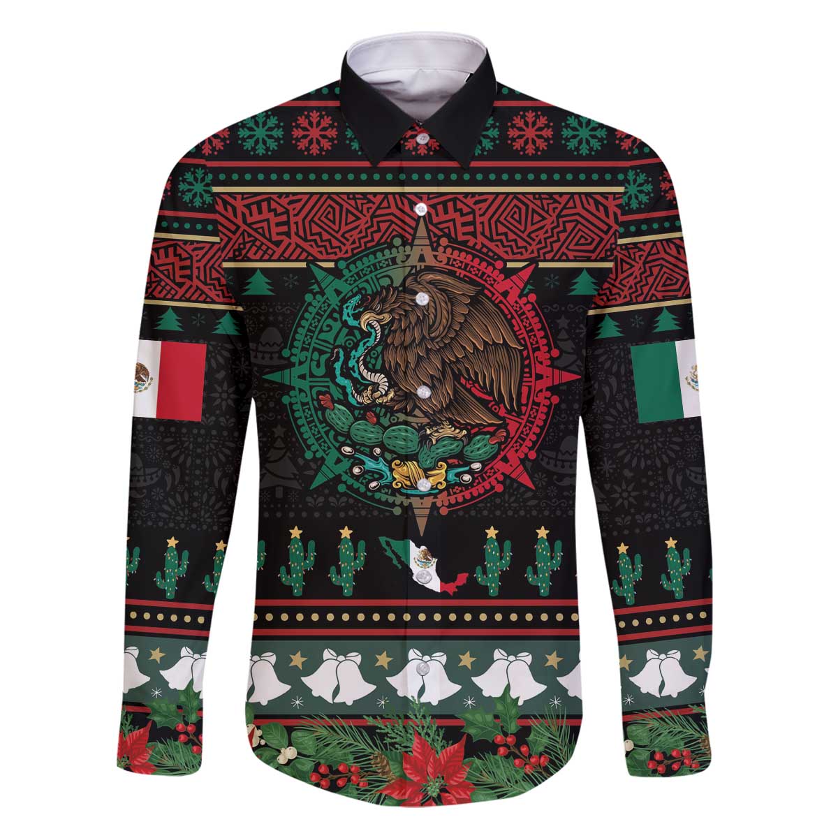 Mexican Christmas Family Matching Off The Shoulder Long Sleeve Dress and Hawaiian Shirt Feliz Navidad Aztec Eagle Emblem and Poinsettia - Wonder Print Shop