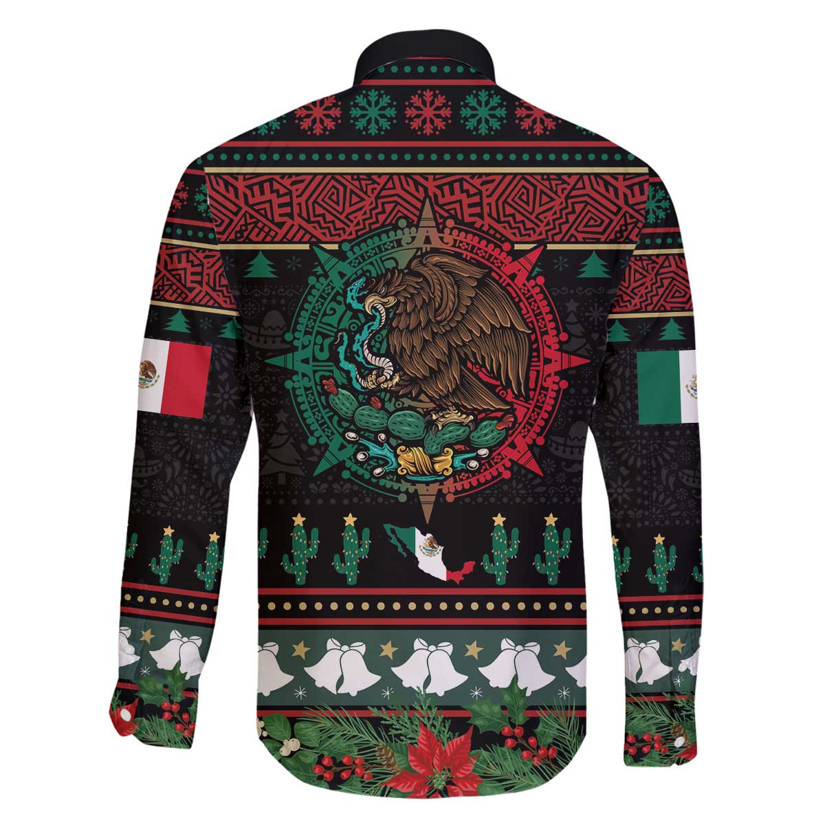 Mexican Christmas Family Matching Off The Shoulder Long Sleeve Dress and Hawaiian Shirt Feliz Navidad Aztec Eagle Emblem and Poinsettia - Wonder Print Shop