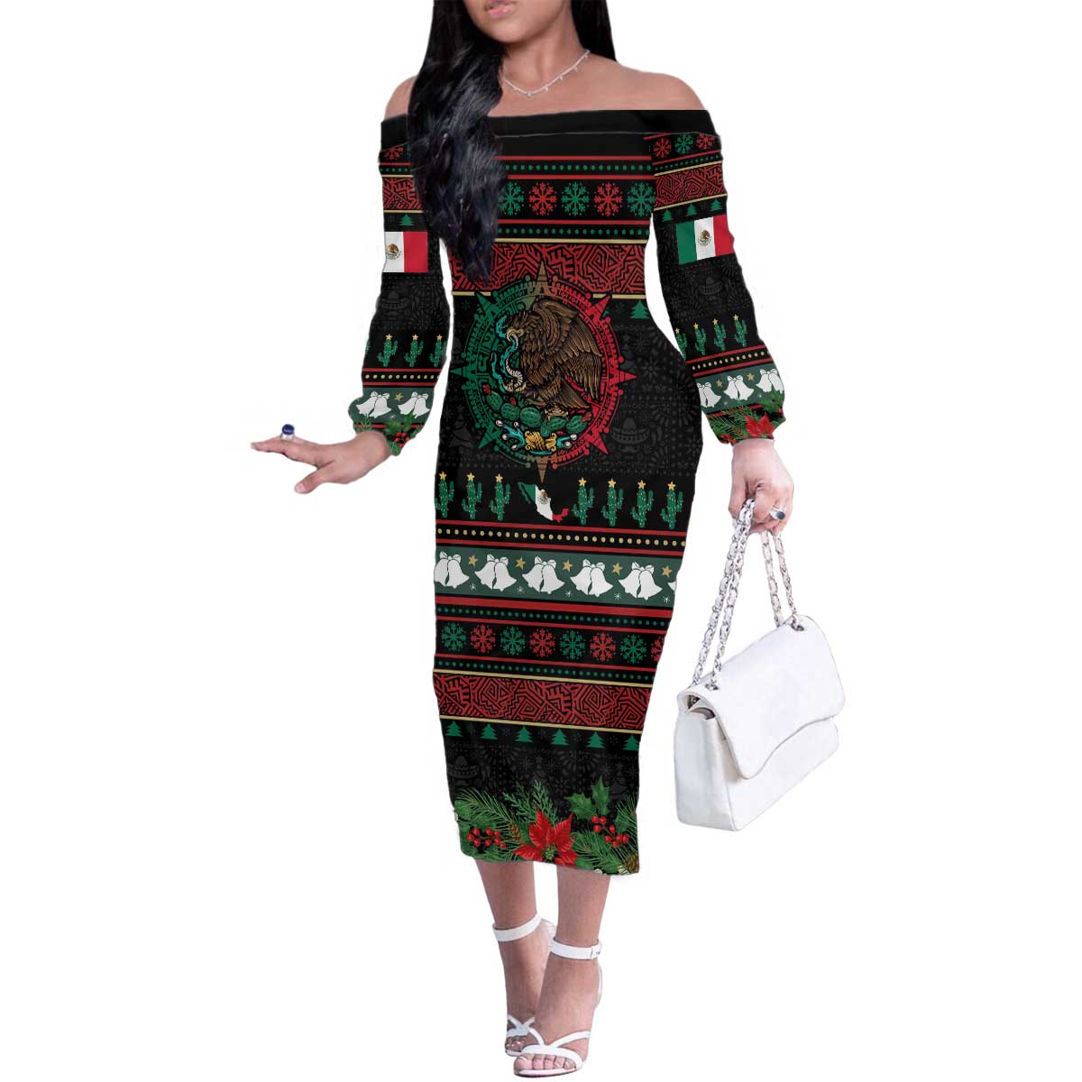 Mexican Christmas Family Matching Off The Shoulder Long Sleeve Dress and Hawaiian Shirt Feliz Navidad Aztec Eagle Emblem and Poinsettia - Wonder Print Shop
