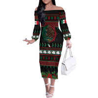 Mexican Christmas Family Matching Off The Shoulder Long Sleeve Dress and Hawaiian Shirt Feliz Navidad Aztec Eagle Emblem and Poinsettia - Wonder Print Shop