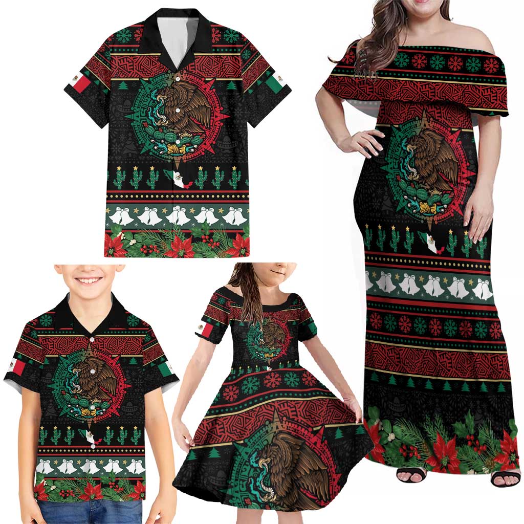 Mexican Christmas Family Matching Off Shoulder Maxi Dress and Hawaiian Shirt Feliz Navidad Aztec Eagle Emblem and Poinsettia - Wonder Print Shop