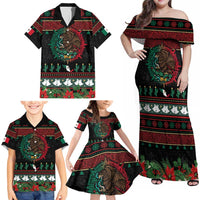 Mexican Christmas Family Matching Off Shoulder Maxi Dress and Hawaiian Shirt Feliz Navidad Aztec Eagle Emblem and Poinsettia - Wonder Print Shop