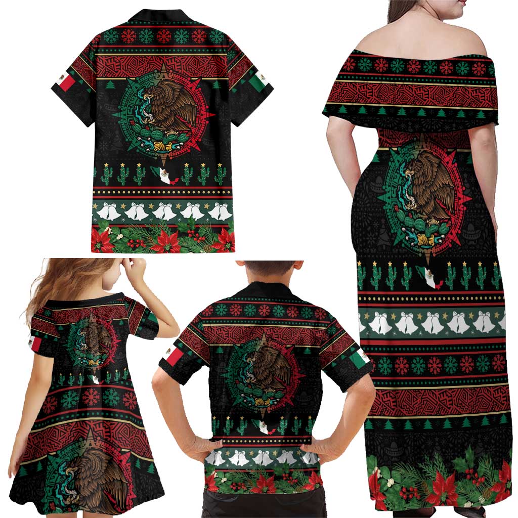 Mexican Christmas Family Matching Off Shoulder Maxi Dress and Hawaiian Shirt Feliz Navidad Aztec Eagle Emblem and Poinsettia - Wonder Print Shop