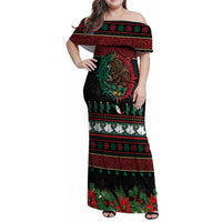 Mexican Christmas Family Matching Off Shoulder Maxi Dress and Hawaiian Shirt Feliz Navidad Aztec Eagle Emblem and Poinsettia - Wonder Print Shop