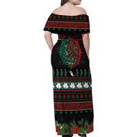 Mexican Christmas Family Matching Off Shoulder Maxi Dress and Hawaiian Shirt Feliz Navidad Aztec Eagle Emblem and Poinsettia - Wonder Print Shop