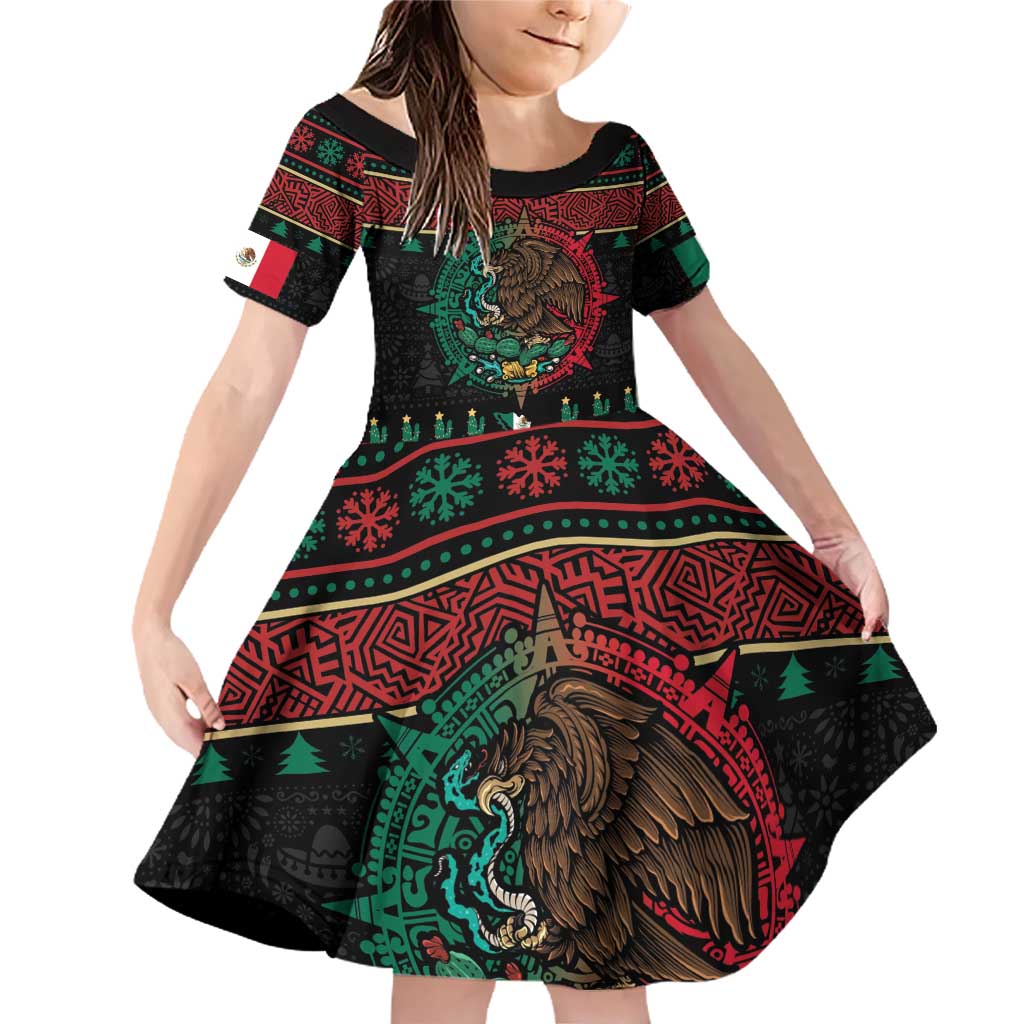 Mexican Christmas Family Matching Off Shoulder Short Dress and Hawaiian Shirt Feliz Navidad Aztec Eagle Emblem and Poinsettia - Wonder Print Shop