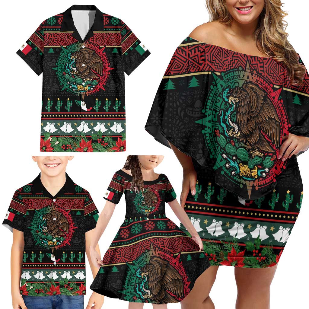 Mexican Christmas Family Matching Off Shoulder Short Dress and Hawaiian Shirt Feliz Navidad Aztec Eagle Emblem and Poinsettia - Wonder Print Shop