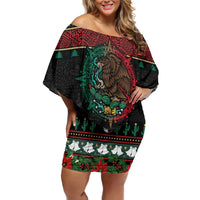 Mexican Christmas Family Matching Off Shoulder Short Dress and Hawaiian Shirt Feliz Navidad Aztec Eagle Emblem and Poinsettia - Wonder Print Shop