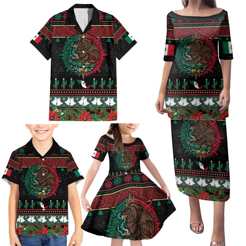 Mexican Christmas Family Matching Puletasi and Hawaiian Shirt Feliz Navidad Aztec Eagle Emblem and Poinsettia - Wonder Print Shop