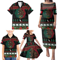 Mexican Christmas Family Matching Puletasi and Hawaiian Shirt Feliz Navidad Aztec Eagle Emblem and Poinsettia - Wonder Print Shop