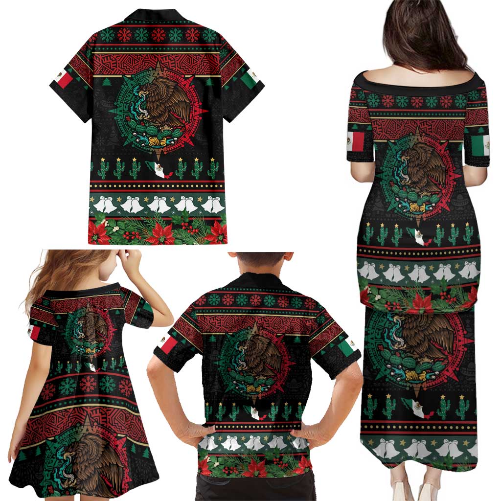 Mexican Christmas Family Matching Puletasi and Hawaiian Shirt Feliz Navidad Aztec Eagle Emblem and Poinsettia - Wonder Print Shop