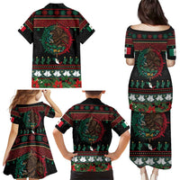 Mexican Christmas Family Matching Puletasi and Hawaiian Shirt Feliz Navidad Aztec Eagle Emblem and Poinsettia - Wonder Print Shop