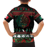 Mexican Christmas Family Matching Short Sleeve Bodycon Dress and Hawaiian Shirt Feliz Navidad Aztec Eagle Emblem and Poinsettia - Wonder Print Shop