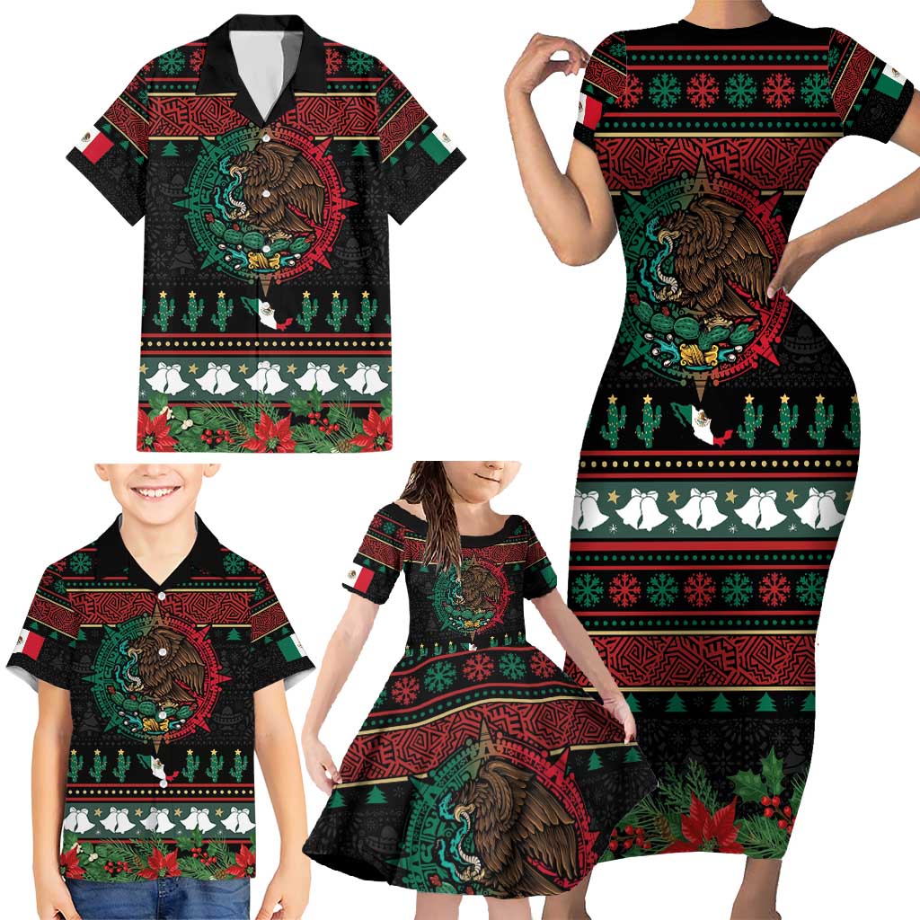 Mexican Christmas Family Matching Short Sleeve Bodycon Dress and Hawaiian Shirt Feliz Navidad Aztec Eagle Emblem and Poinsettia - Wonder Print Shop
