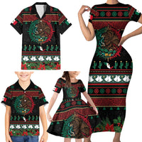Mexican Christmas Family Matching Short Sleeve Bodycon Dress and Hawaiian Shirt Feliz Navidad Aztec Eagle Emblem and Poinsettia - Wonder Print Shop