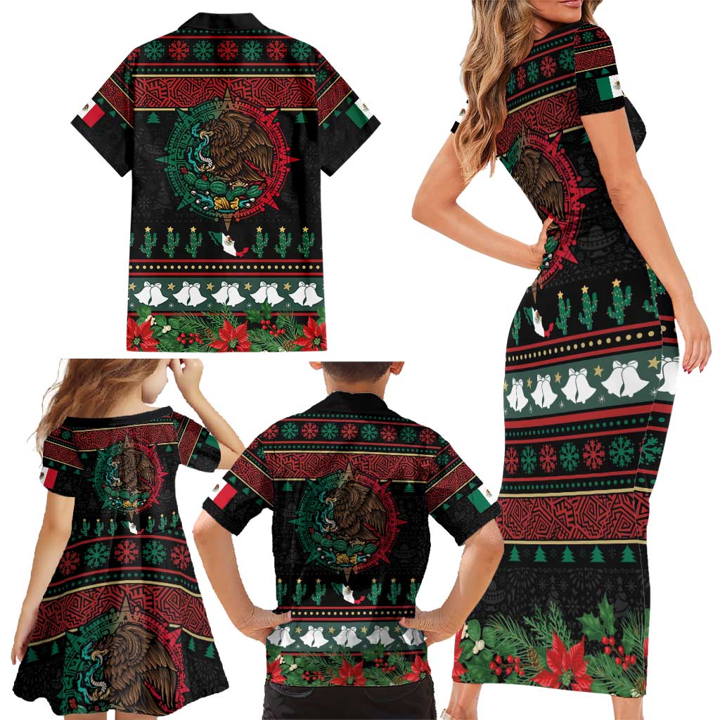 Mexican Christmas Family Matching Short Sleeve Bodycon Dress and Hawaiian Shirt Feliz Navidad Aztec Eagle Emblem and Poinsettia - Wonder Print Shop