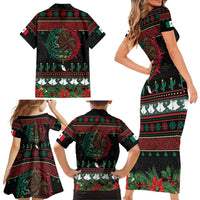 Mexican Christmas Family Matching Short Sleeve Bodycon Dress and Hawaiian Shirt Feliz Navidad Aztec Eagle Emblem and Poinsettia - Wonder Print Shop