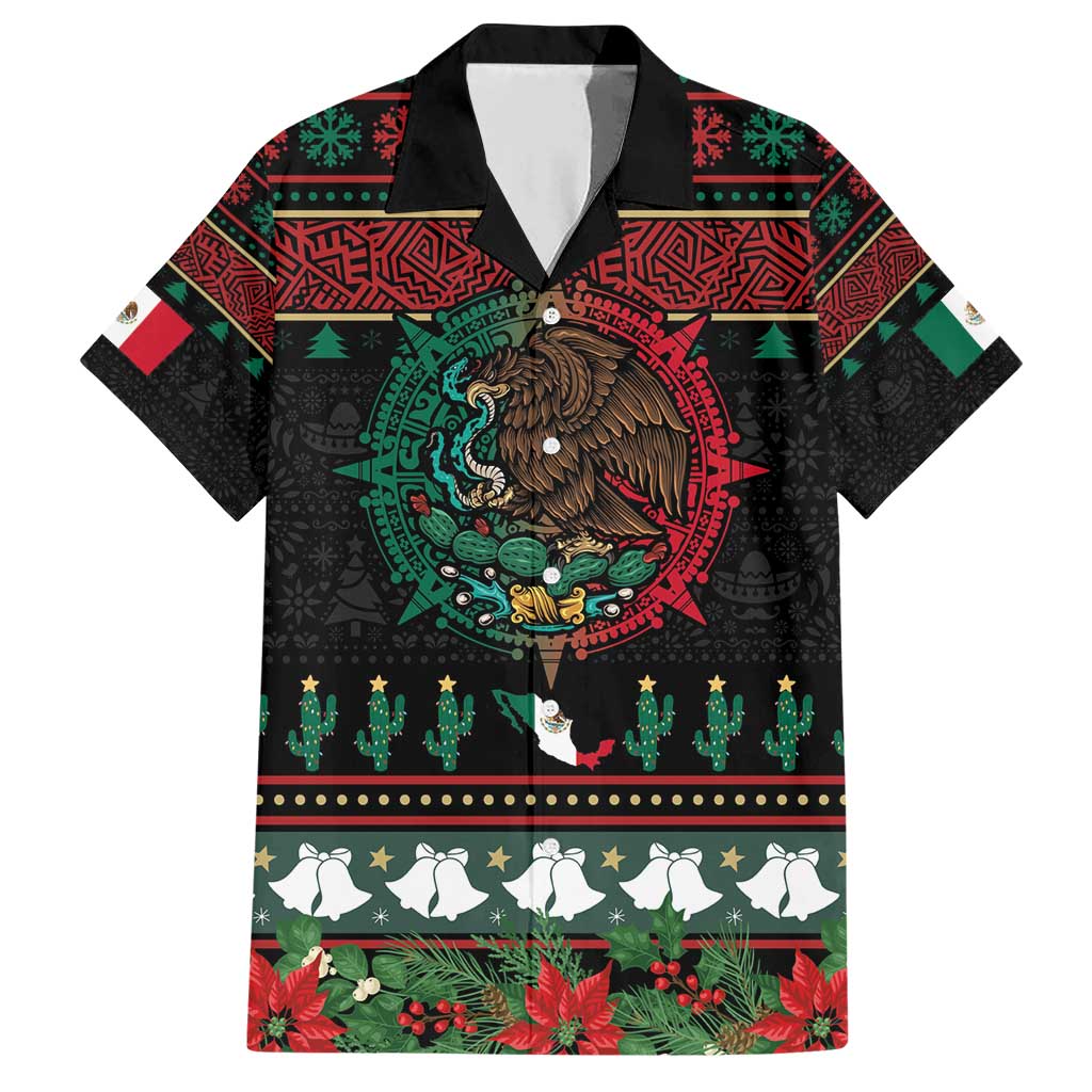 Mexican Christmas Family Matching Short Sleeve Bodycon Dress and Hawaiian Shirt Feliz Navidad Aztec Eagle Emblem and Poinsettia - Wonder Print Shop