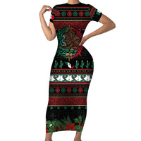 Mexican Christmas Family Matching Short Sleeve Bodycon Dress and Hawaiian Shirt Feliz Navidad Aztec Eagle Emblem and Poinsettia - Wonder Print Shop