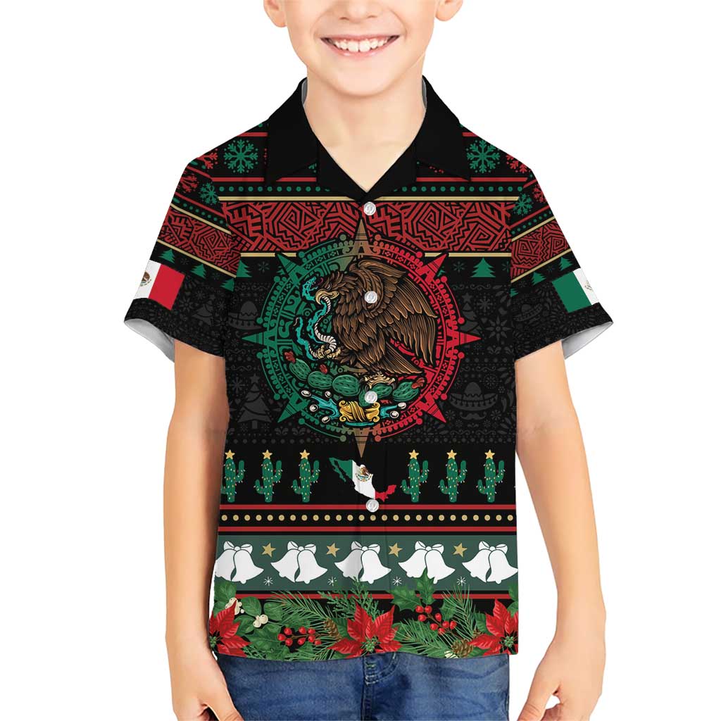 Mexican Christmas Family Matching Short Sleeve Bodycon Dress and Hawaiian Shirt Feliz Navidad Aztec Eagle Emblem and Poinsettia - Wonder Print Shop