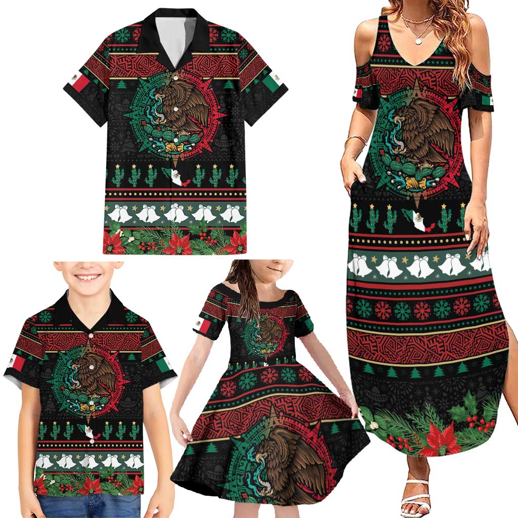 Mexican Christmas Family Matching Summer Maxi Dress and Hawaiian Shirt Feliz Navidad Aztec Eagle Emblem and Poinsettia - Wonder Print Shop