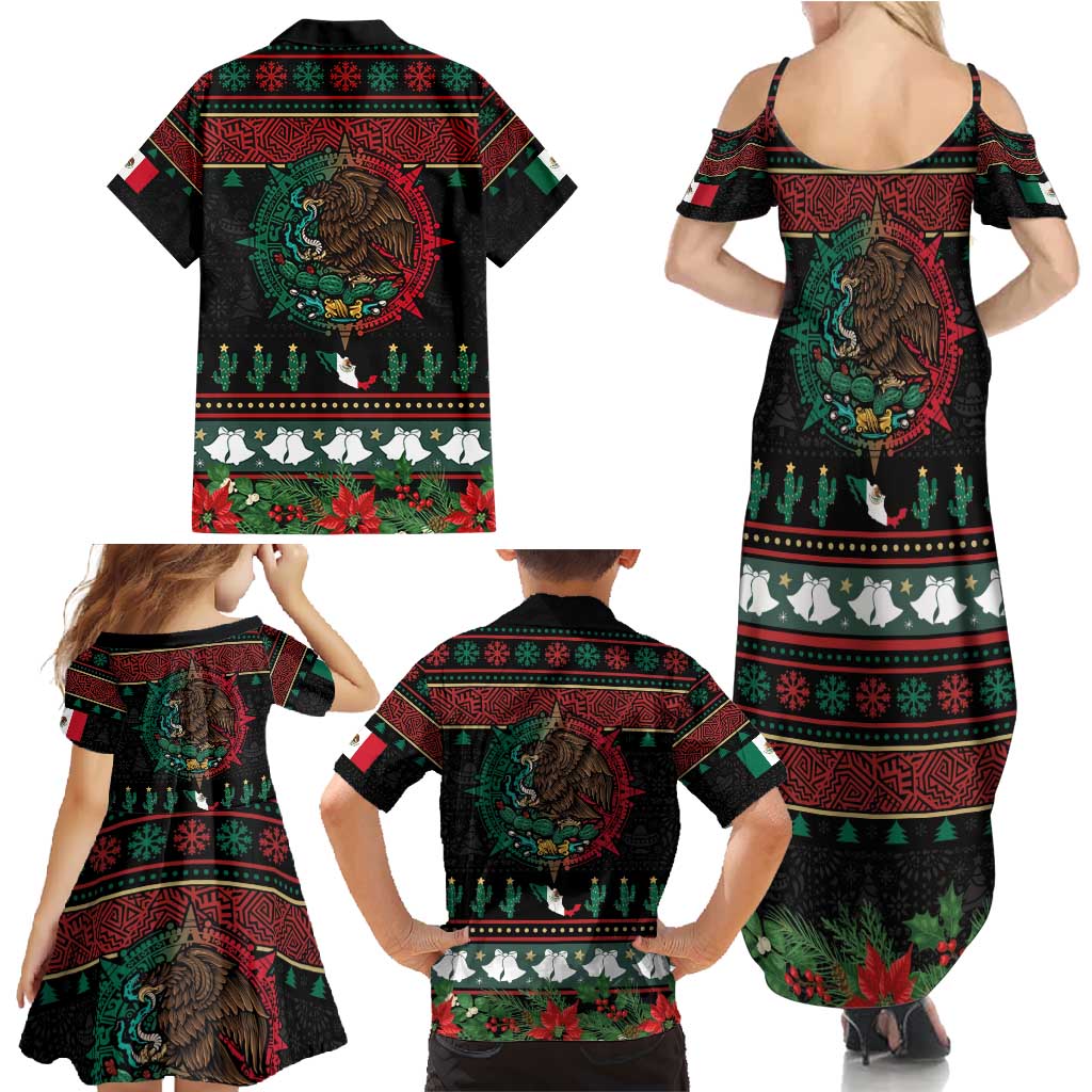 Mexican Christmas Family Matching Summer Maxi Dress and Hawaiian Shirt Feliz Navidad Aztec Eagle Emblem and Poinsettia - Wonder Print Shop