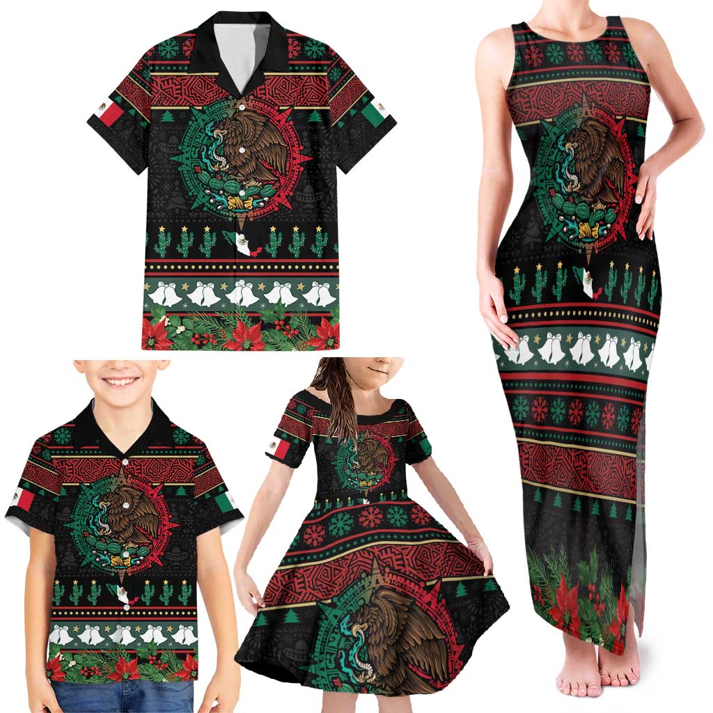 Mexican Christmas Family Matching Tank Maxi Dress and Hawaiian Shirt Feliz Navidad Aztec Eagle Emblem and Poinsettia - Wonder Print Shop