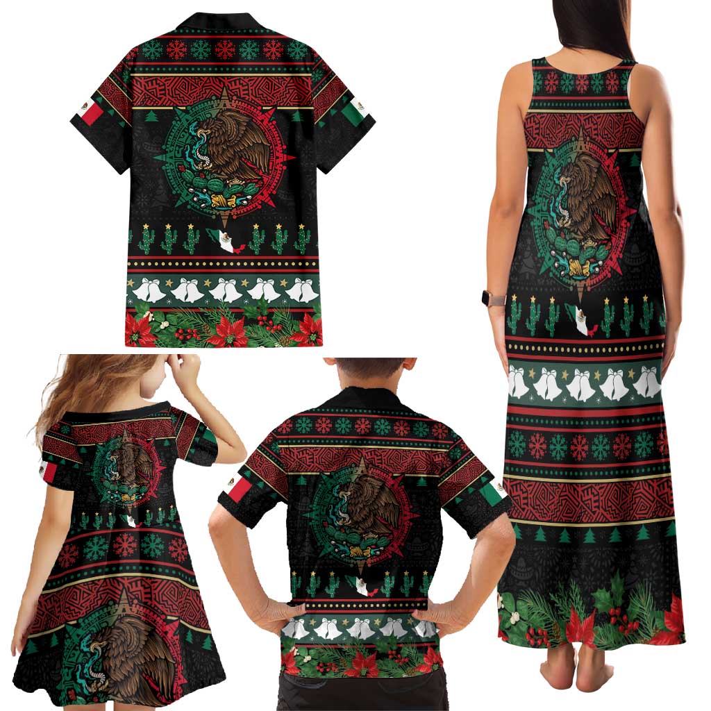 Mexican Christmas Family Matching Tank Maxi Dress and Hawaiian Shirt Feliz Navidad Aztec Eagle Emblem and Poinsettia - Wonder Print Shop