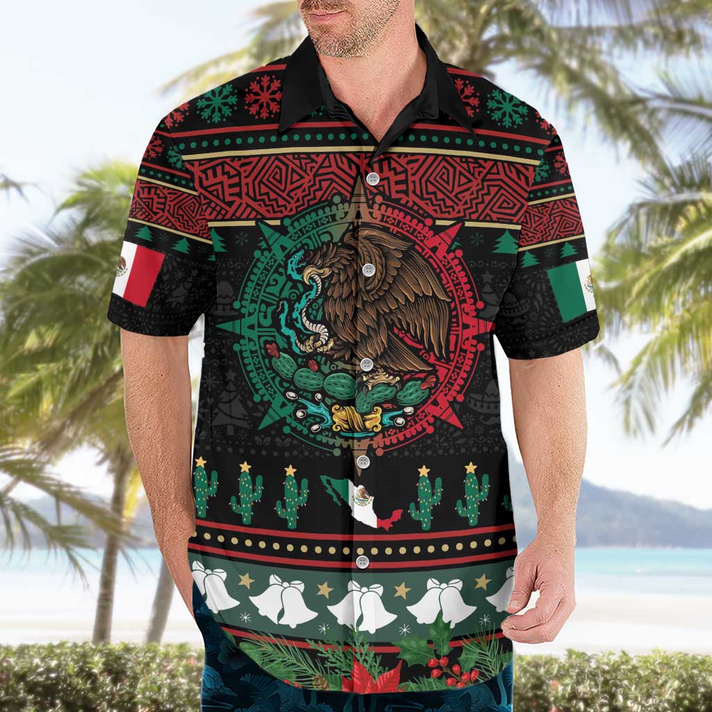 Mexican Christmas Hawaiian Shirt Feliz Navidad Aztec Eagle Emblem and Poinsettia - Wonder Print Shop