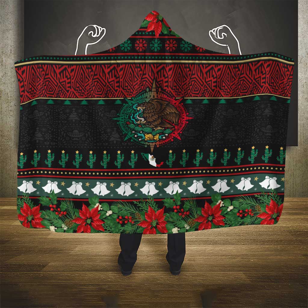Mexican Christmas Hooded Blanket Feliz Navidad Aztec Eagle Emblem and Poinsettia